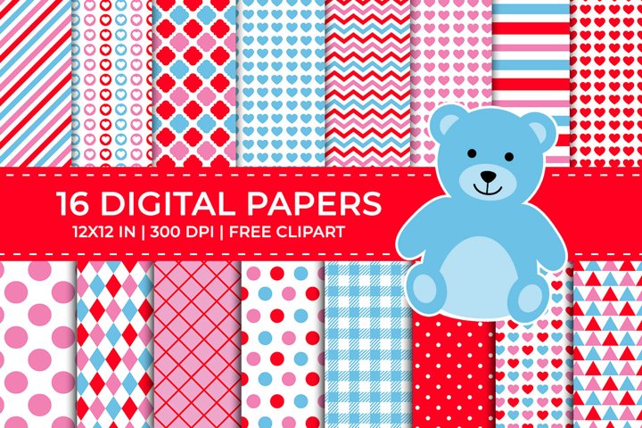 Blue Red & Pink Valentine Digital Papers, Free Teddy Clipart